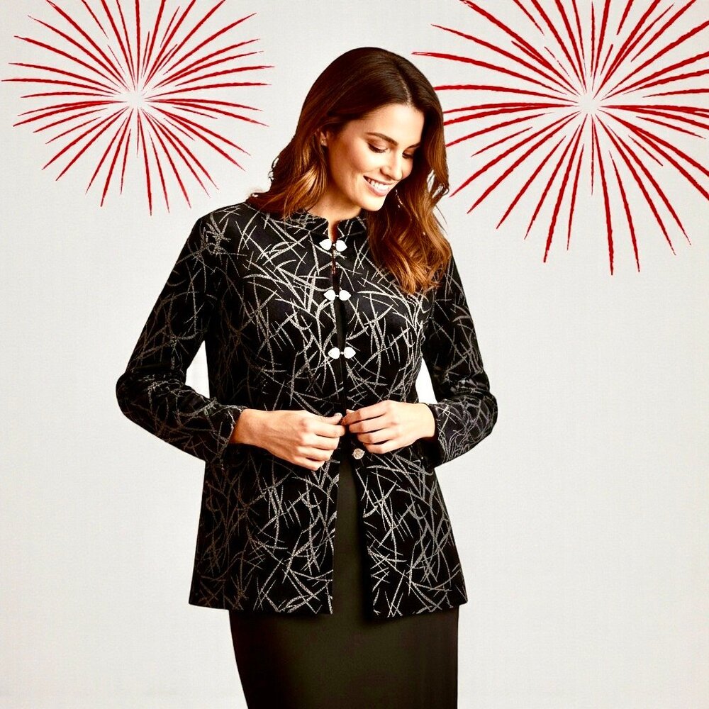 .B.S. Ltd Evening Jacket Black Velvet Silver Sparkle Buckles Womens XL New